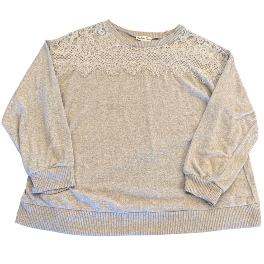 Indigo Rose Womens 2X Lace Yoke Long Sleeve Top Heathered Beige Knit Pullover